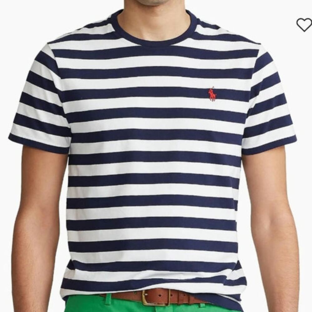 Polo Ralph Lauren Navy Stripe Jersey T-shirt Crewneck Slim Fit Embroidered Pony
